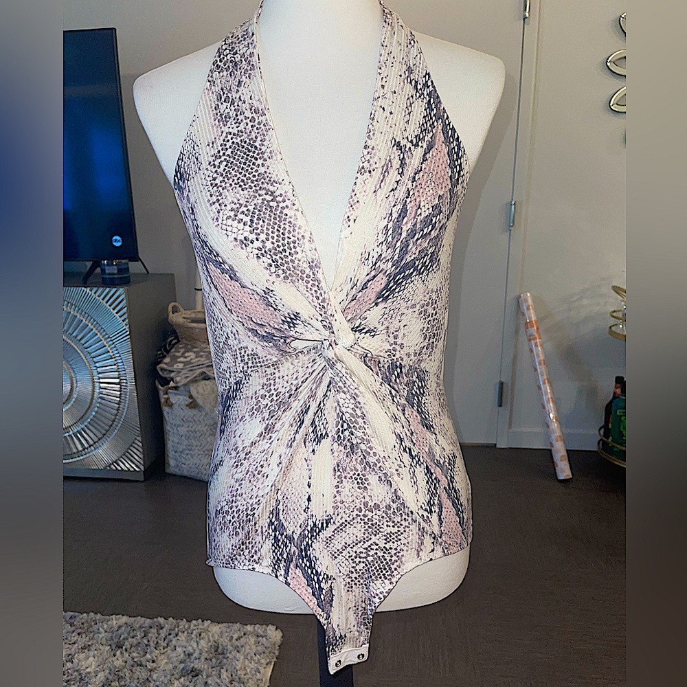 Snake print bodysuit with low back and cross cross front Womens M